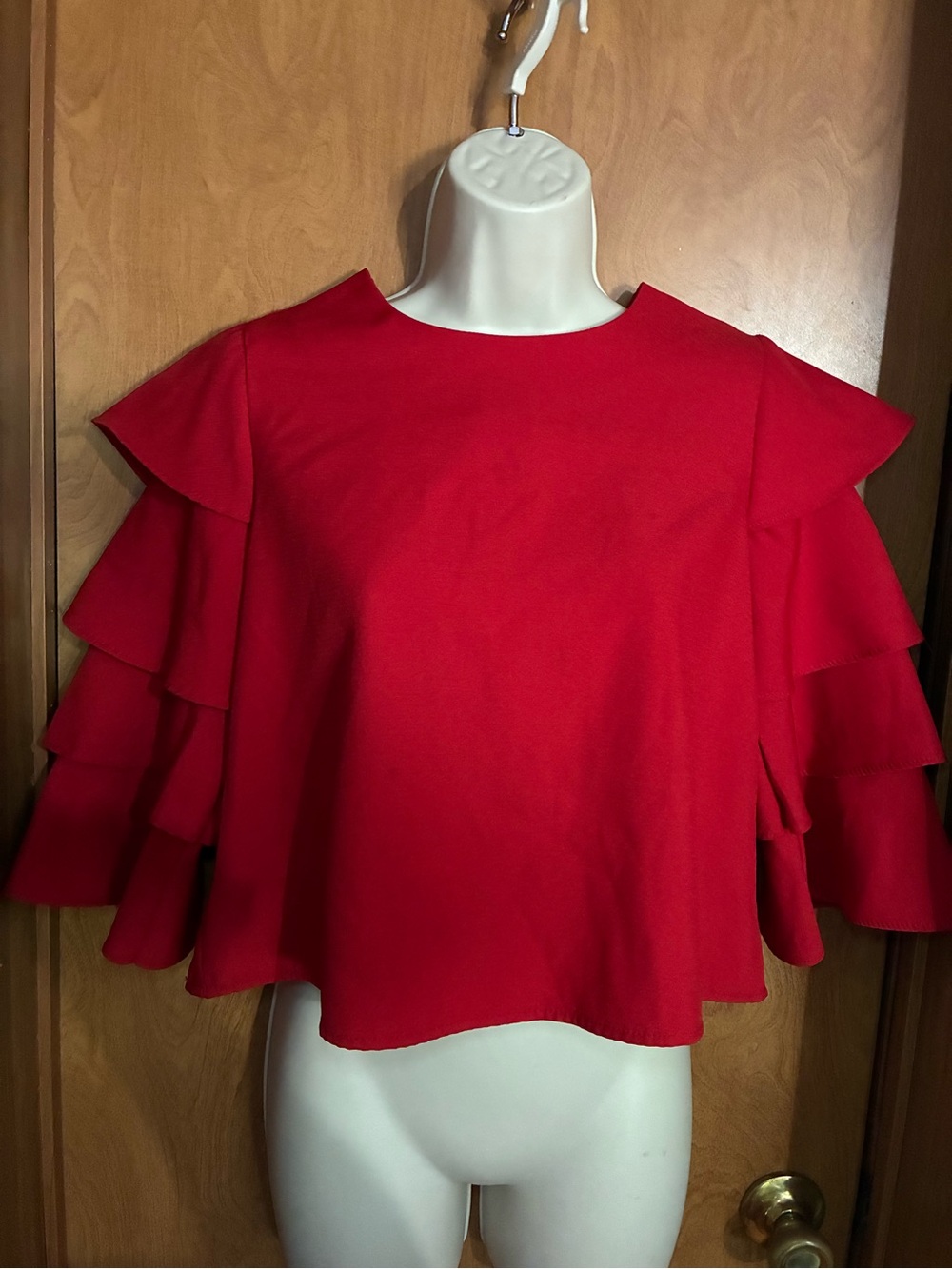 Red Ruffle Sleeve Women's Top - Elegant Layered Design